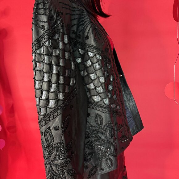 2-Piece Set – Vintage Unique Embroidered Leather Jacket & Skirt | Handcrafted - Picture 1 of 12